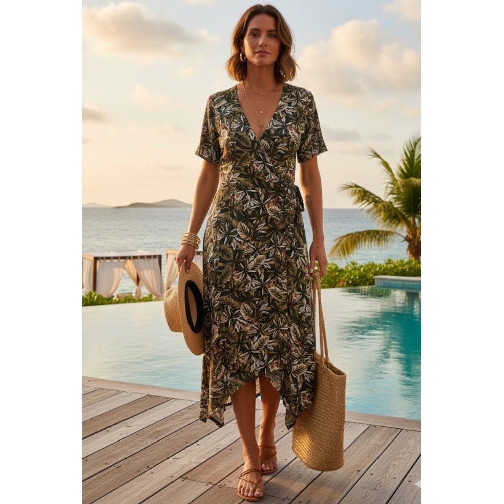 Banana Republic Sz 8 Tiger handkerchief Midi Wrap Dress resort animal‎ print 334